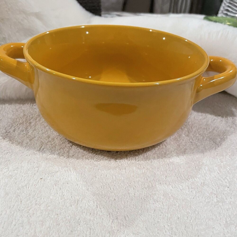 Yellow Ceramic Food Bowl With Handle for soup, cooking, serving.
